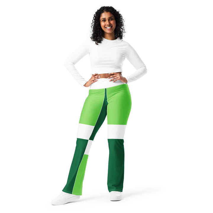Womens Flare Leggings - Green White Colorblock Grid Lines