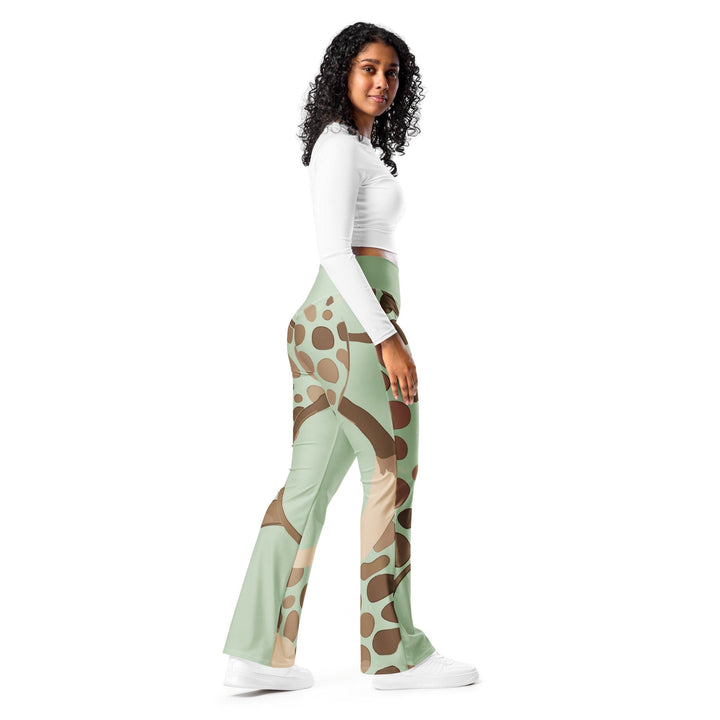 Womens Flare Leggings - Green Beige Spotted Print
