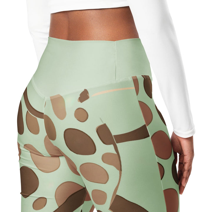 Womens Flare Leggings - Green Beige Spotted Print