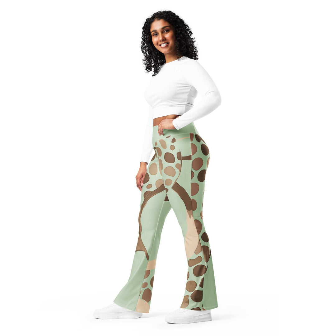 Womens Flare Leggings - Green Beige Spotted Print