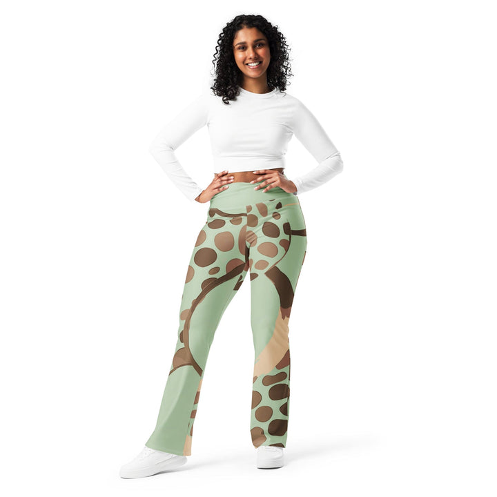 Womens Flare Leggings - Green Beige Spotted Print