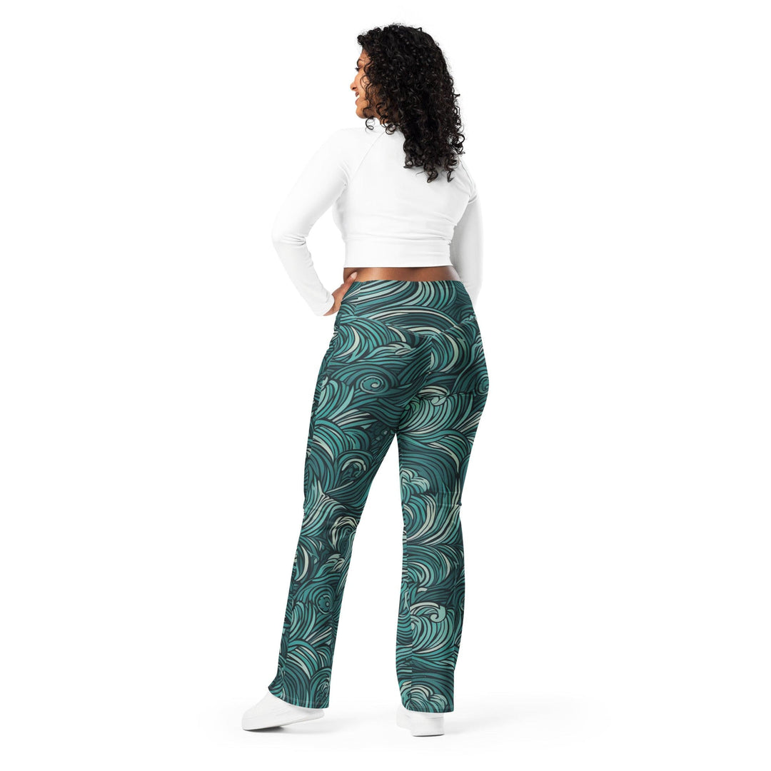 Womens Flare Leggings - Mint Green Water Wave Print