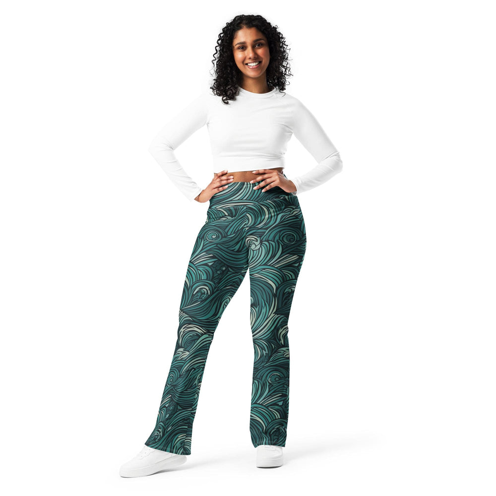 Womens Flare Leggings - Mint Green Water Wave Print