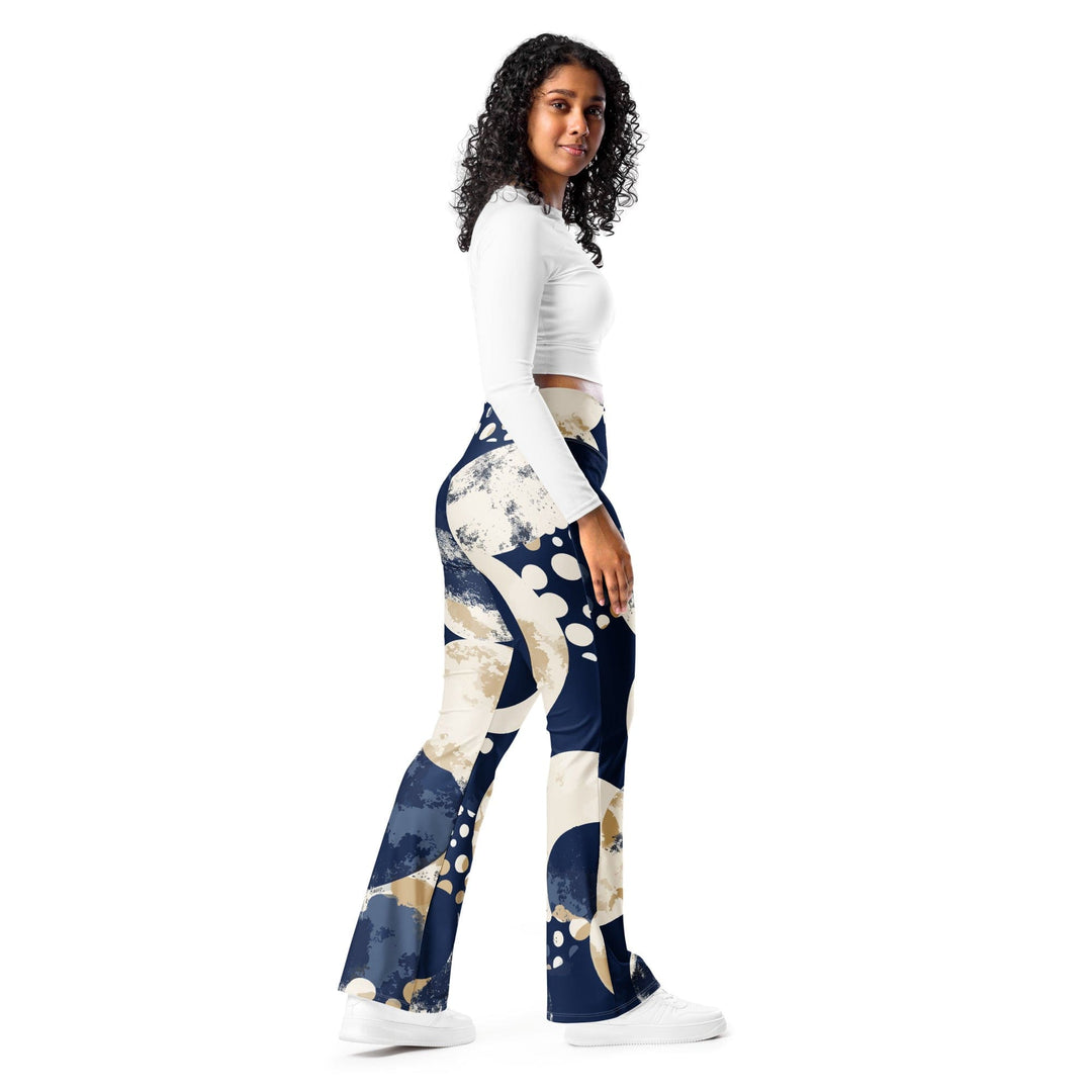 Womens Flare Leggings - Blue Beige Spotted Print