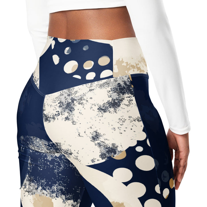 Womens Flare Leggings - Blue Beige Spotted Print