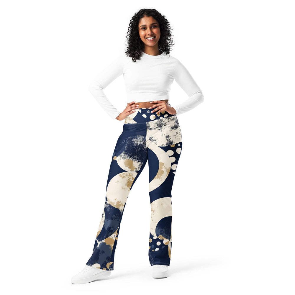 Womens Flare Leggings - Blue Beige Spotted Print