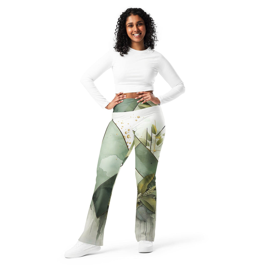 Womens Flare Leggings - Olive Green Mint Leaf Geometric Print