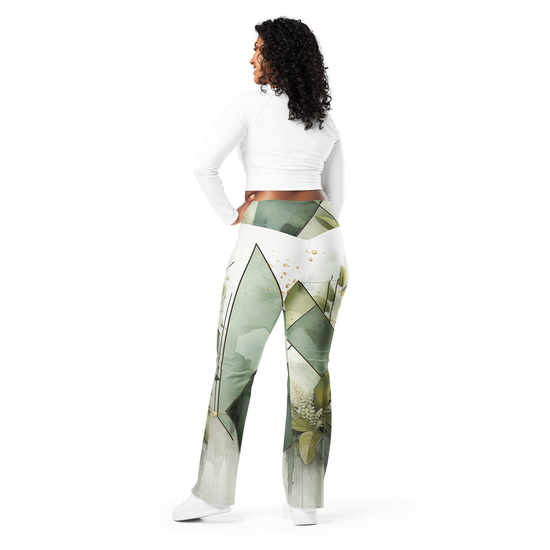 Womens Flare Leggings - Olive Green Mint Leaf Geometric Print