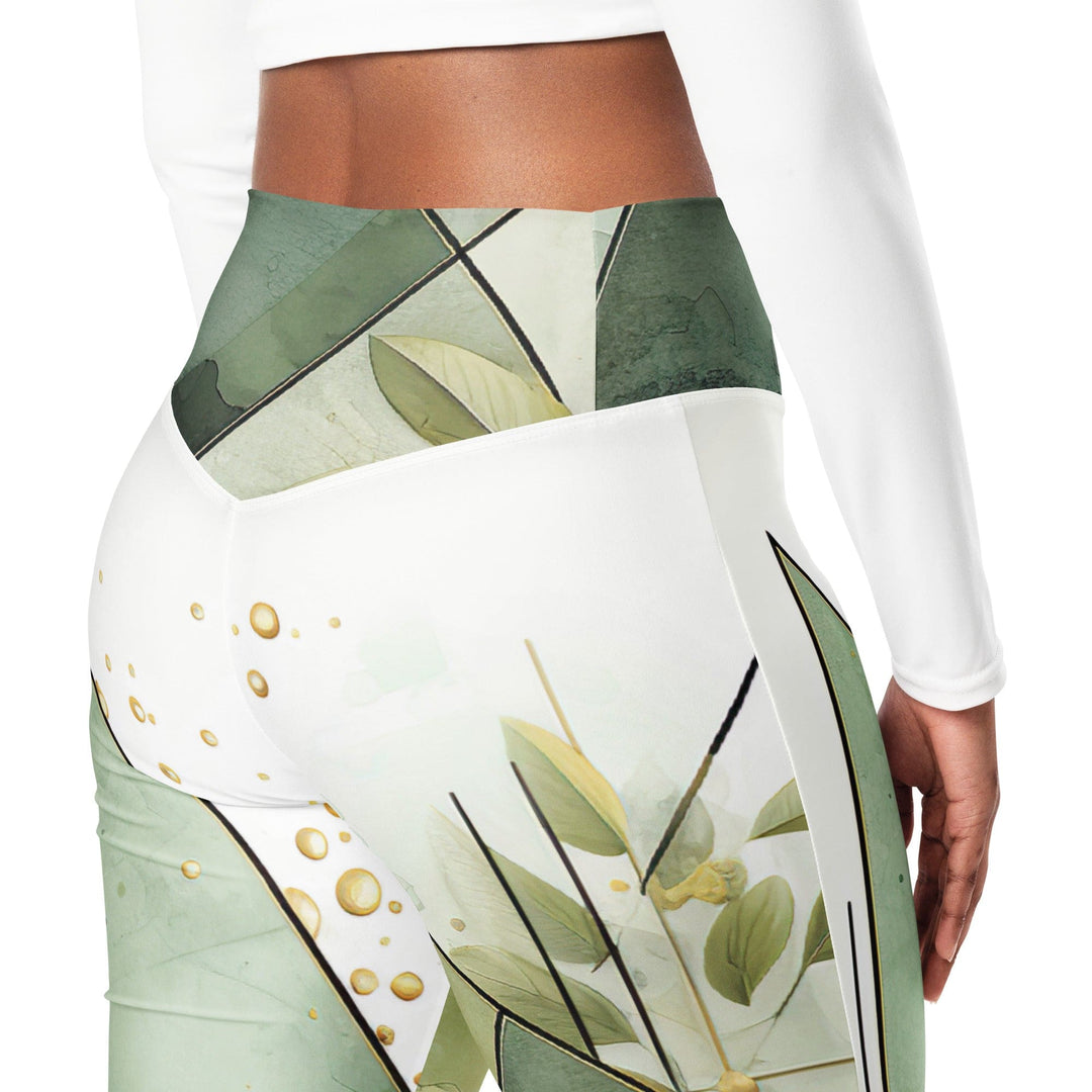 Womens Flare Leggings - Olive Green Mint Leaf Geometric Print