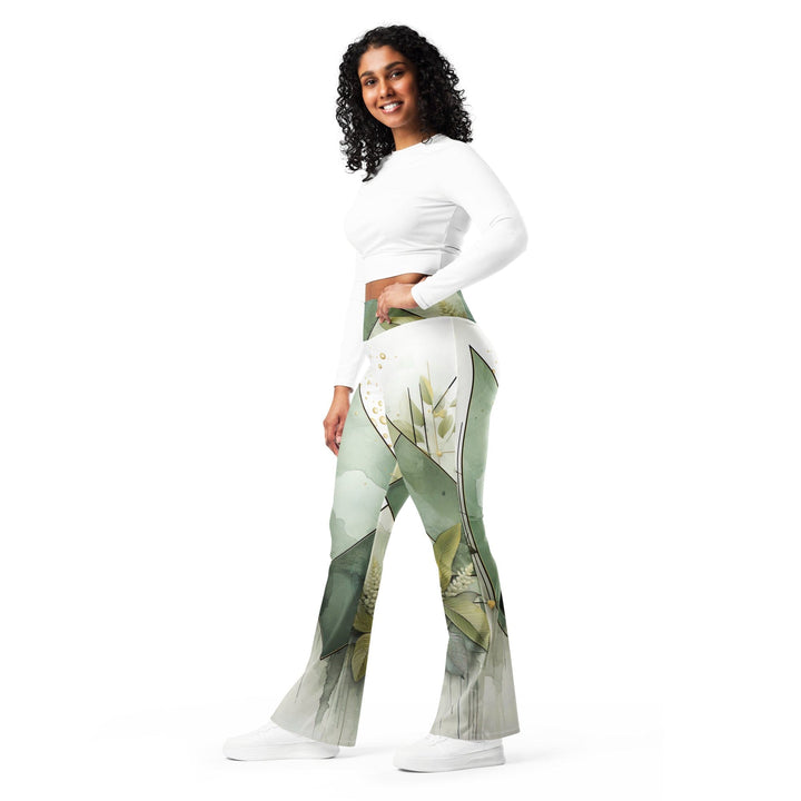 Womens Flare Leggings - Olive Green Mint Leaf Geometric Print