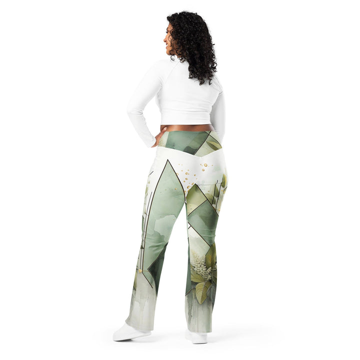 Womens Flare Leggings - Olive Green Mint Leaf Geometric Print