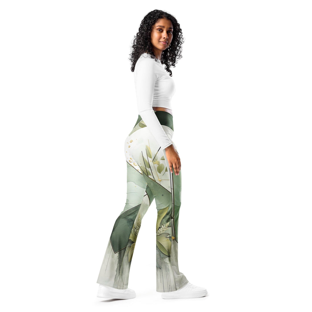 Womens Flare Leggings - Olive Green Mint Leaf Geometric Print