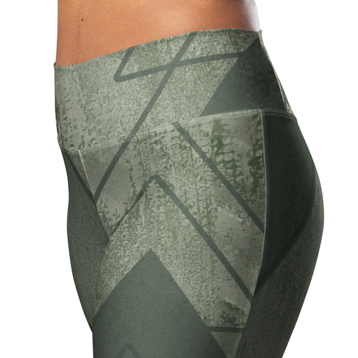 Womens Flare Leggings - Olive Green Triangular Colorblock