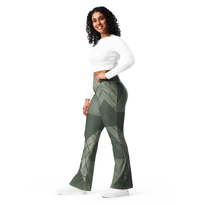Womens Flare Leggings - Olive Green Triangular Colorblock