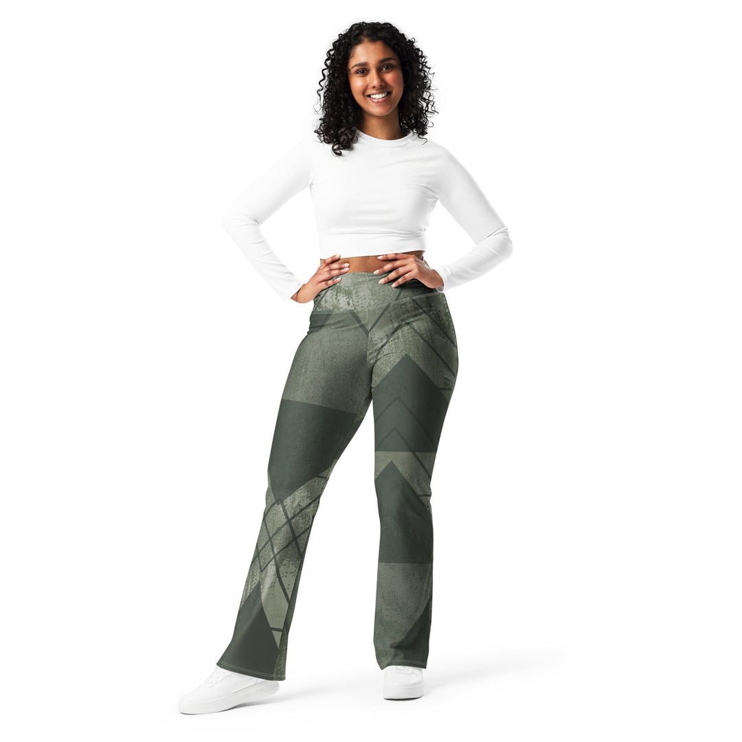 Womens Flare Leggings - Olive Green Triangular Colorblock