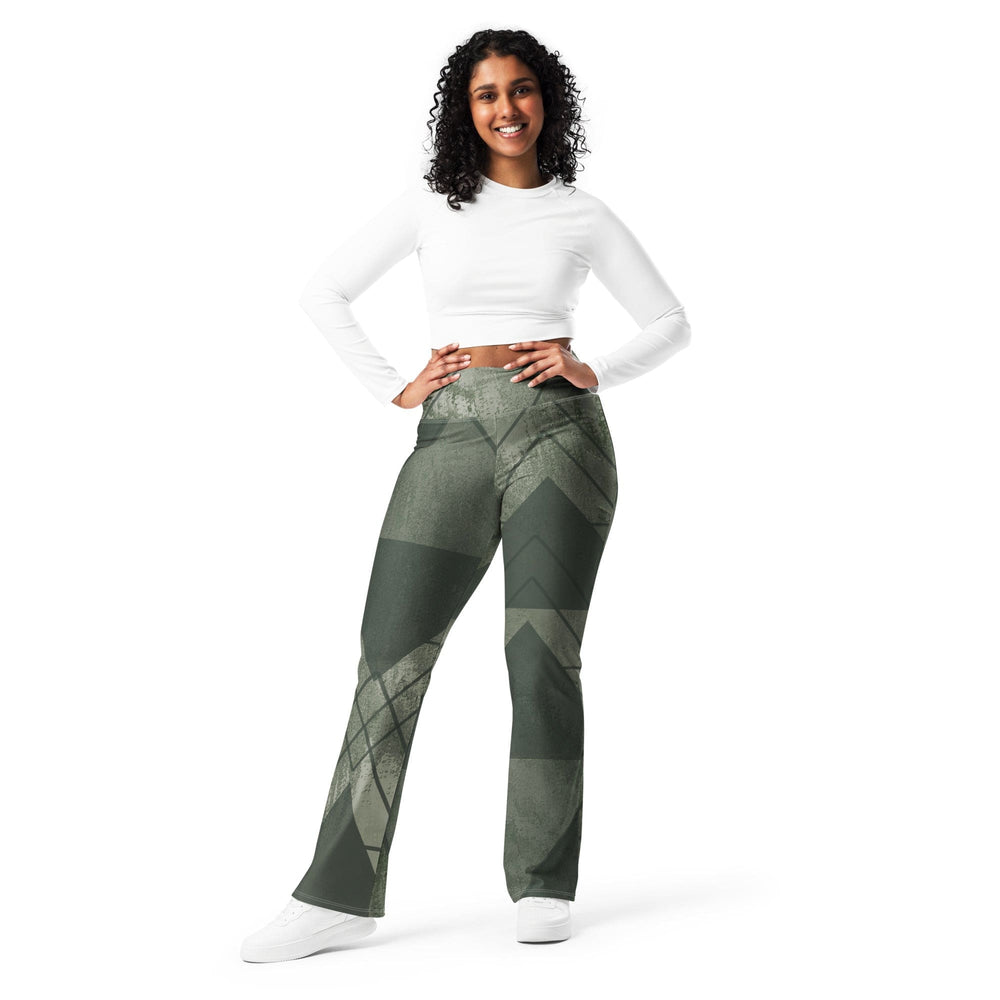 Womens Flare Leggings - Olive Green Triangular Colorblock