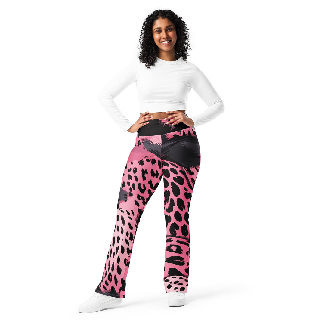 Womens Flare Leggings - Pink Black Spotted Print