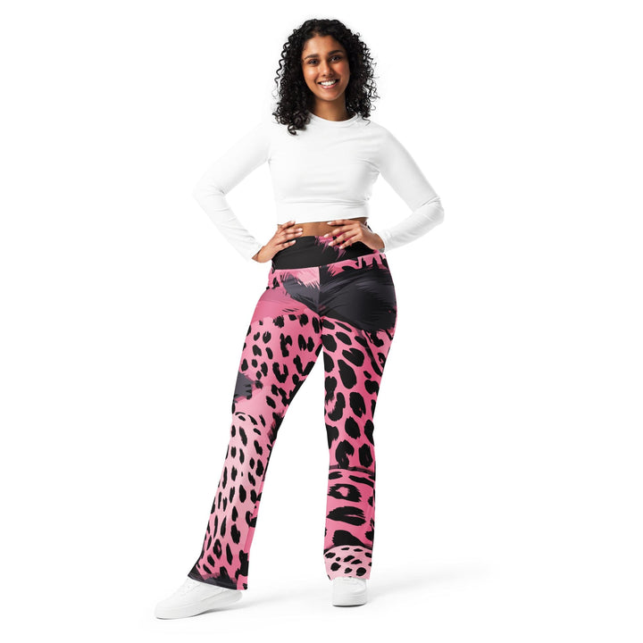 Womens Flare Leggings - Pink Black Spotted Print