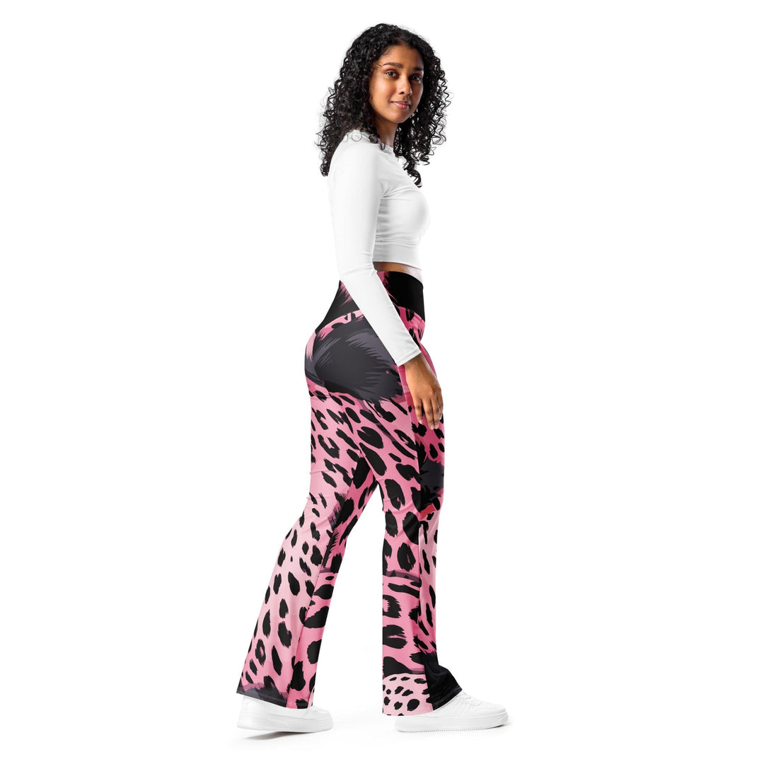 Womens Flare Leggings - Pink Black Spotted Print