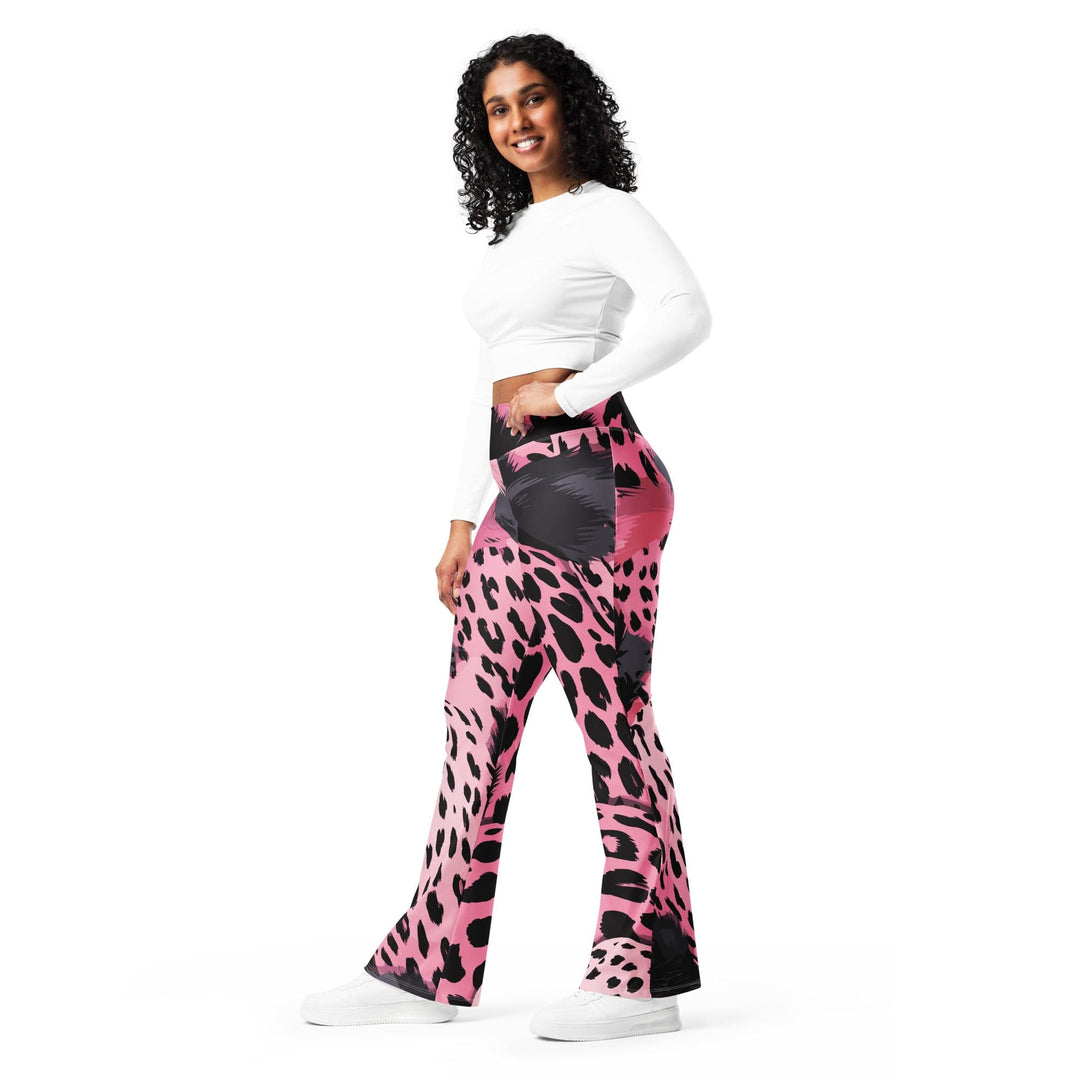 Womens Flare Leggings - Pink Black Spotted Print