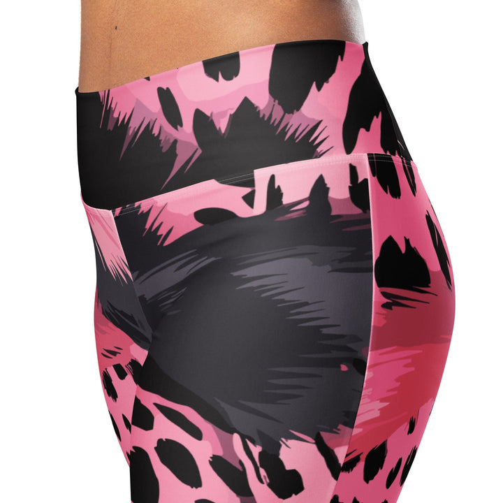 Womens Flare Leggings - Pink Black Spotted Print