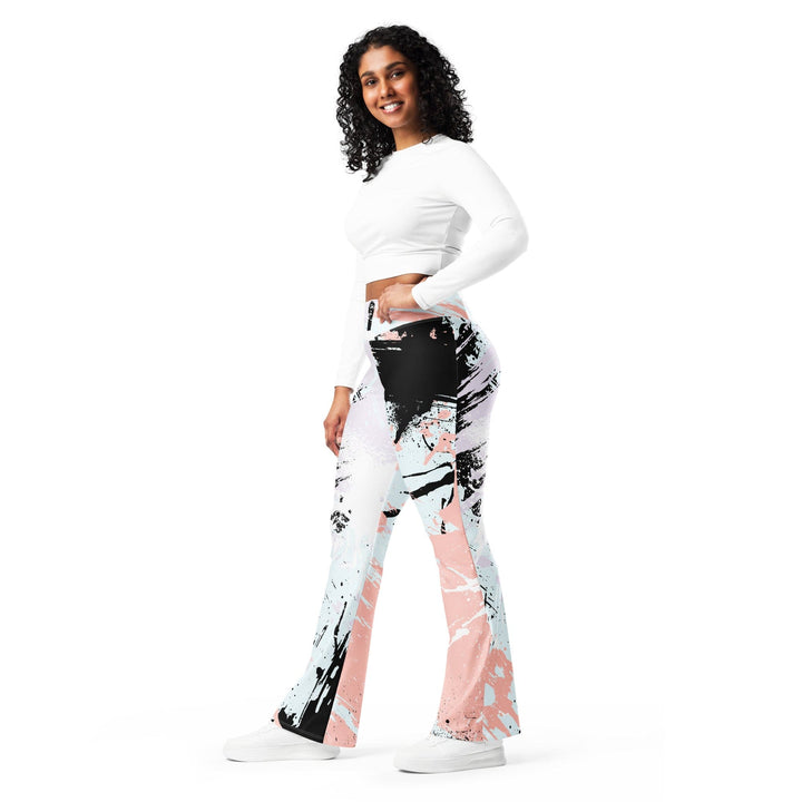 Womens Flare Leggings - Pink Black Abstract Print