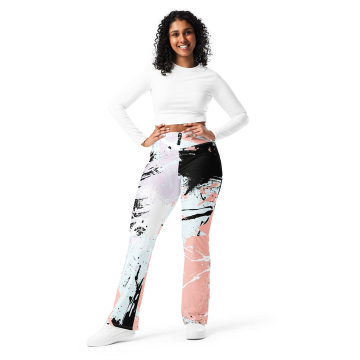 Womens Flare Leggings - Pink Black Abstract Print