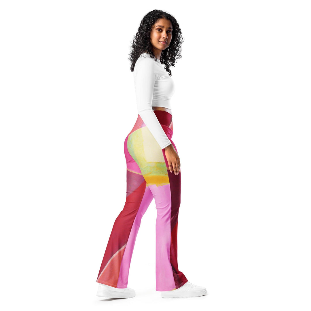 Womens Flare Leggings - Pink Mauve Red Geometric Pattern