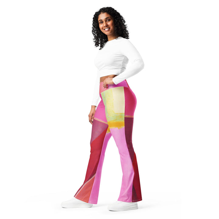 Womens Flare Leggings - Pink Mauve Red Geometric Pattern