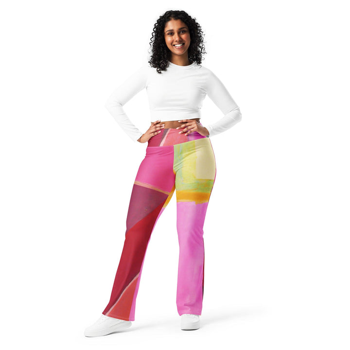 Womens Flare Leggings - Pink Mauve Red Geometric Pattern