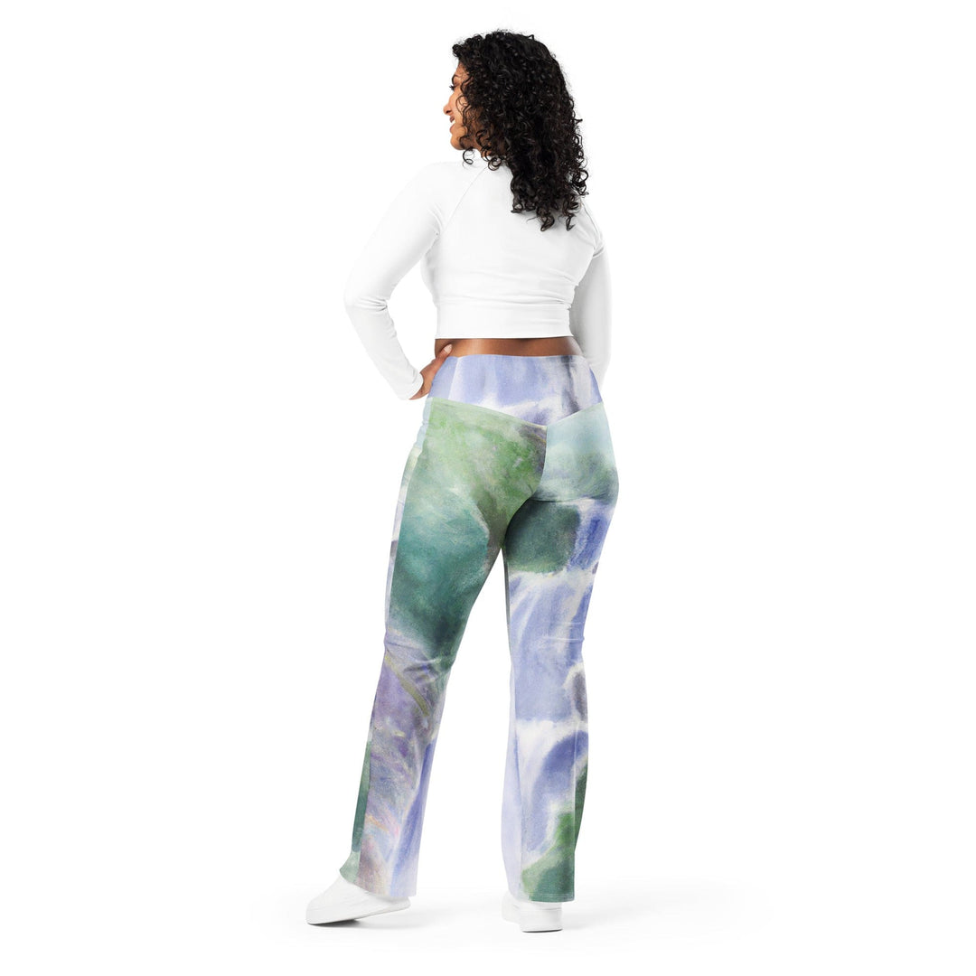 Womens Flare Leggings - Purple Watercolor Waterfall Green Landscape