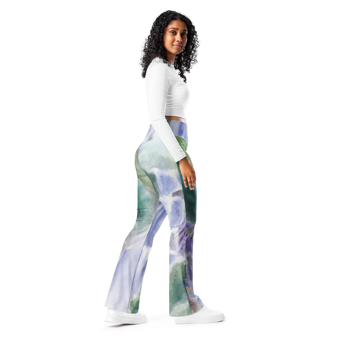 Womens Flare Leggings - Purple Watercolor Waterfall Green Landscape
