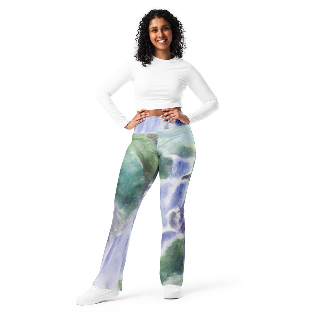 Womens Flare Leggings - Purple Watercolor Waterfall Green Landscape