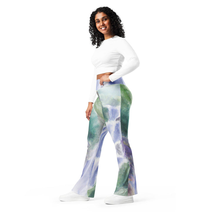 Womens Flare Leggings - Purple Watercolor Waterfall Green Landscape