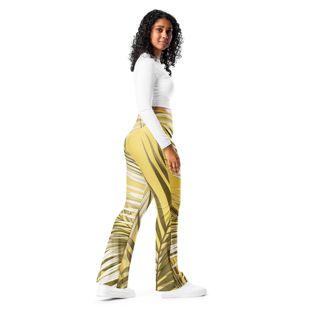 Womens Flare Leggings - White Brown Palm Leaves