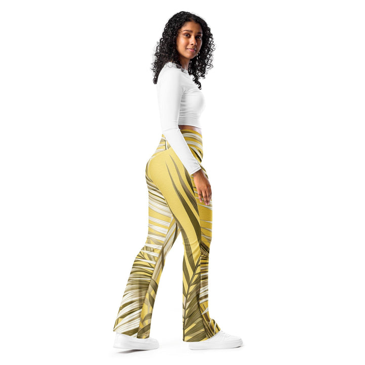 Womens Flare Leggings - White Brown Palm Leaves