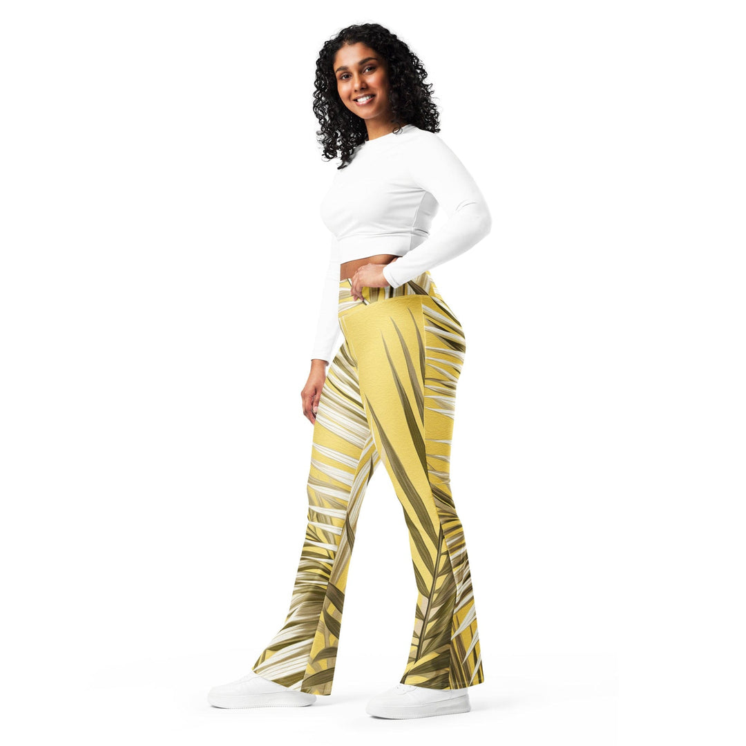Womens Flare Leggings - White Brown Palm Leaves