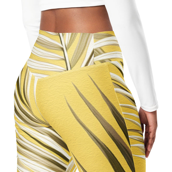 Womens Flare Leggings - White Brown Palm Leaves