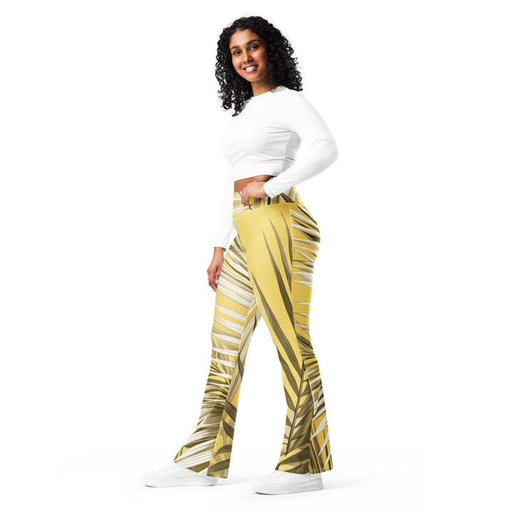 Womens Flare Leggings - White Brown Palm Leaves