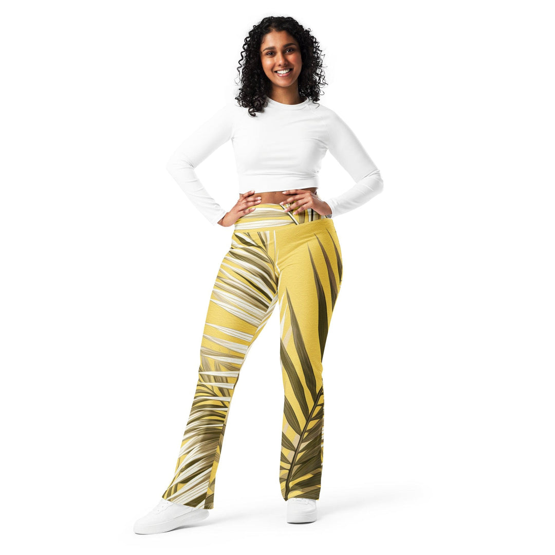 Womens Flare Leggings - White Brown Palm Leaves