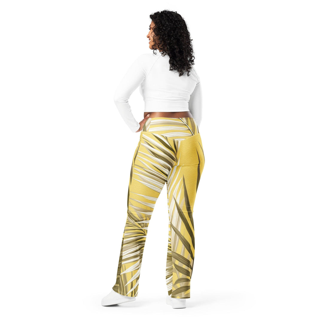 Womens Flare Leggings - White Brown Palm Leaves