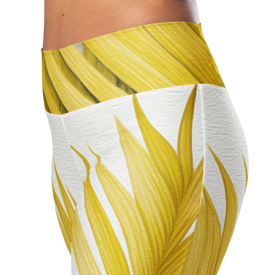 Womens Flare Leggings - Yellow Palm Leaves