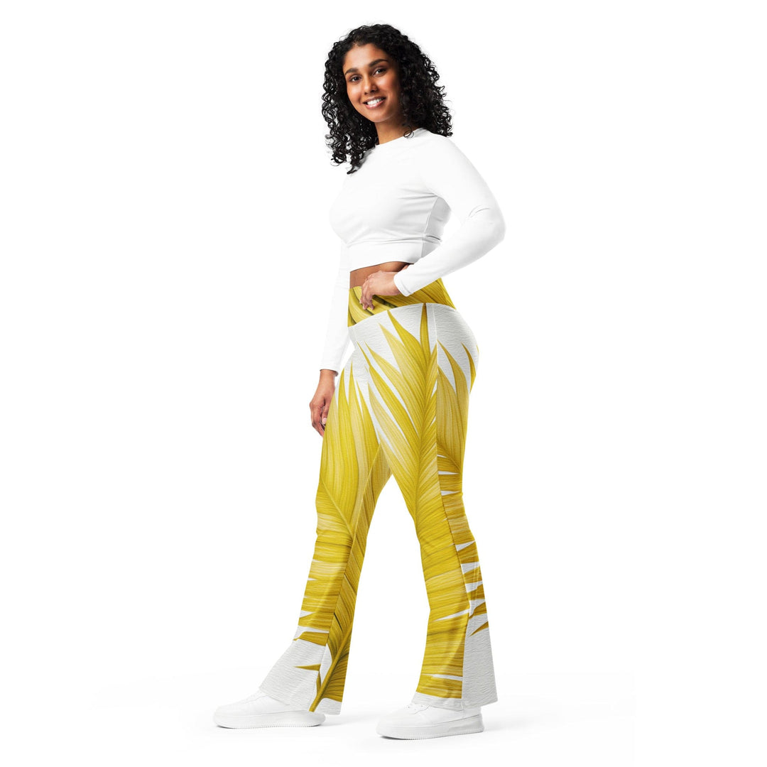 Womens Flare Leggings - Yellow Palm Leaves