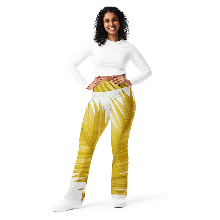 Womens Flare Leggings - Yellow Palm Leaves