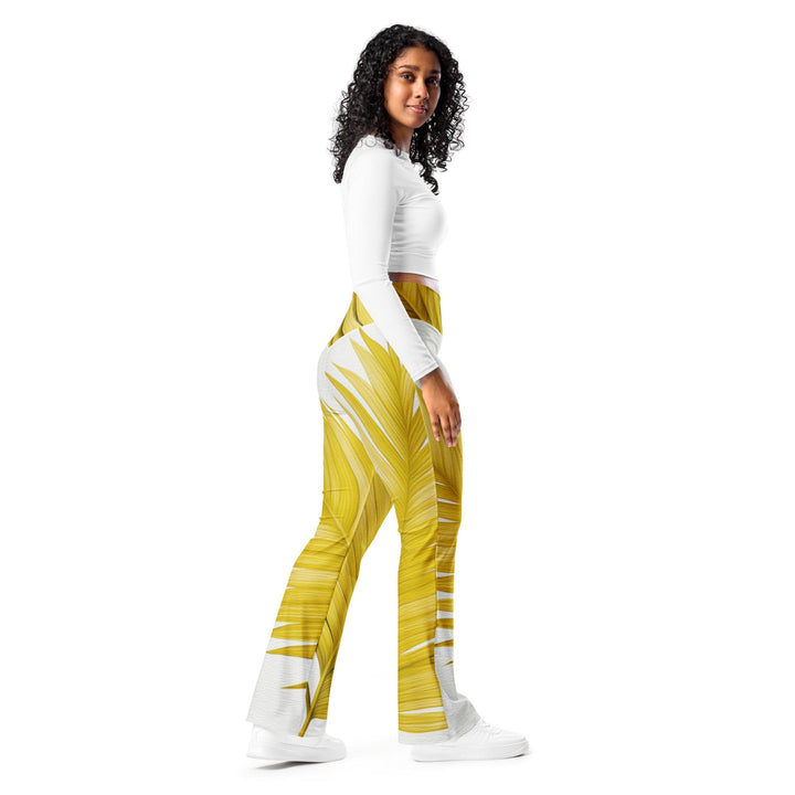 Womens Flare Leggings - Yellow Palm Leaves
