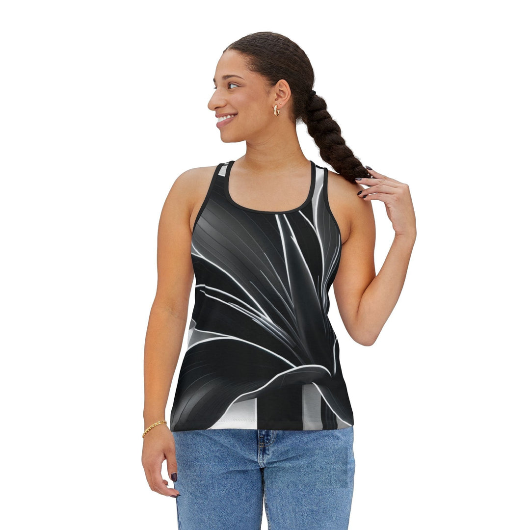 Womens Floral White And Black Racer Tank Top - Tank Top