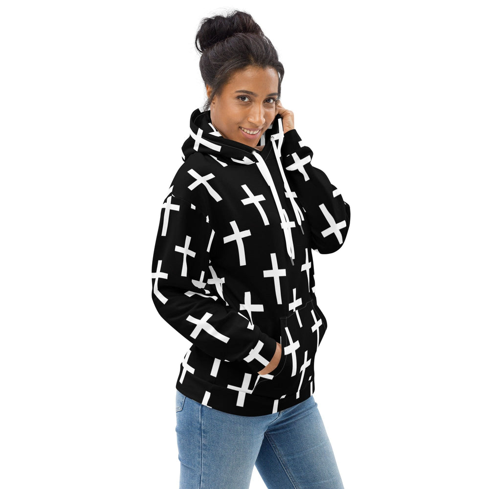 Womens Graphic Hoodie Black White Cross Print