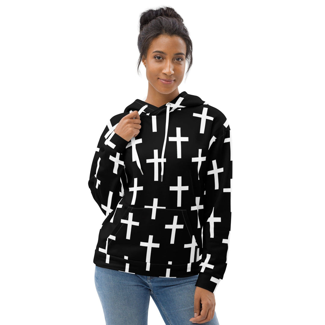 Womens Graphic Hoodie Black White Cross Print