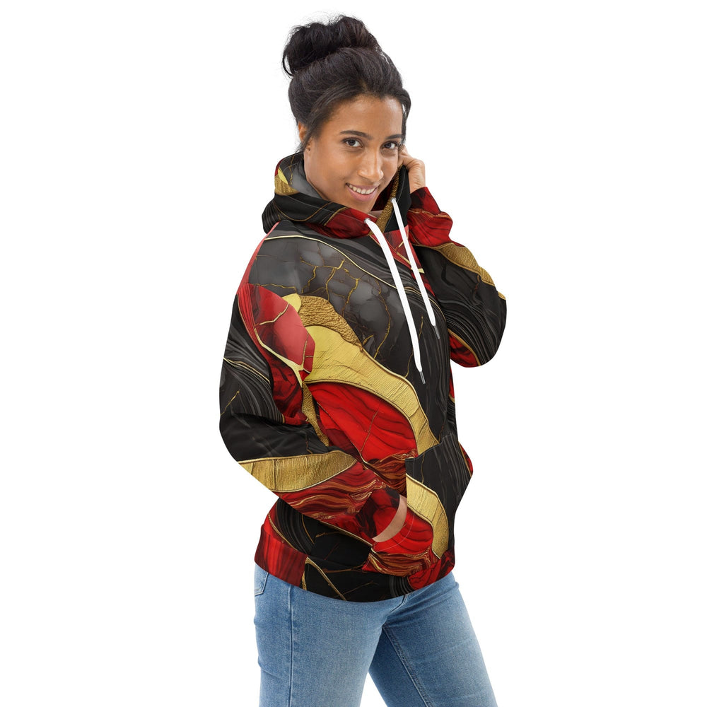 Womens Graphic Hoodie Bold Red Gold Tones Print