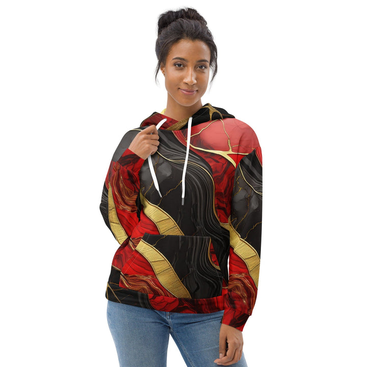 Womens Graphic Hoodie Bold Red Gold Tones Print